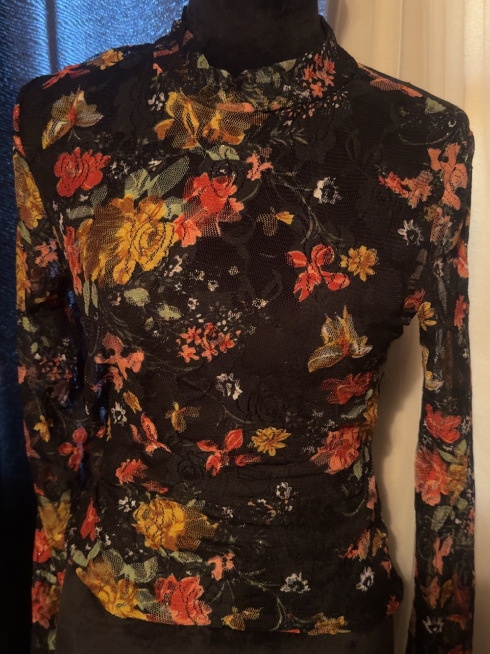 SHEIN Black Floral Long Sleeve Lace Top with Red and Yellow Flowers
